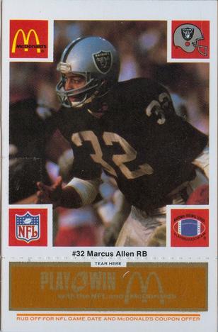 1986 McDonald's Los Angeles Raiders - Full Game Pieces Gold/Orange Tab #NNO Marcus Allen Front