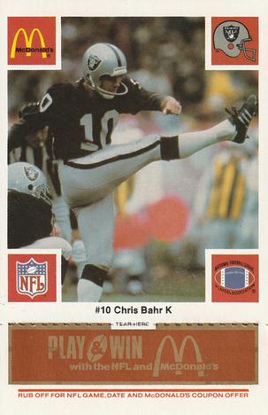 1986 McDonald's Los Angeles Raiders - Full Game Pieces Gold/Orange Tab #NNO Chris Bahr Front