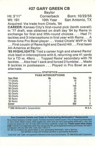 1986 McDonald's Los Angeles Rams - Full Game Pieces - Week 1 Blue Tab #NNO Gary Green Back