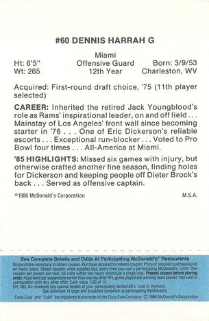 1986 McDonald's Los Angeles Rams - Full Game Pieces - Week 1 Blue Tab #NNO Dennis Harrah Back