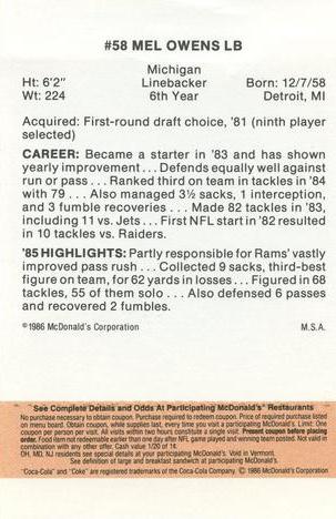 1986 McDonald's Los Angeles Rams - Full Game Pieces - Week 3 Gold/Orange Tab #NNO Mel Owens Back