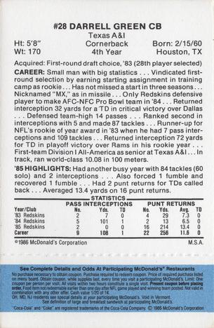 1986 McDonald's Washington Redskins - Full Game Pieces - Week 1 Blue Tab #NNO Darrell Green Back