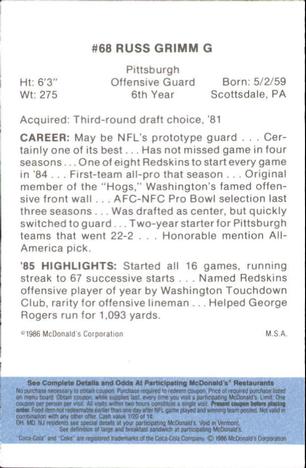 1986 McDonald's Washington Redskins - Full Game Pieces - Week 1 Blue Tab #NNO Russ Grimm Back