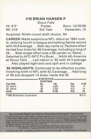 1986 McDonald's New Orleans Saints - Full Game Pieces - Week 2 Black/Gray Tab #NNO Brian Hansen Back