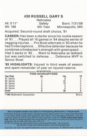 1986 McDonald's New Orleans Saints - Full Game Pieces - Week 1 Blue Tab #NNO Russell Gary Back