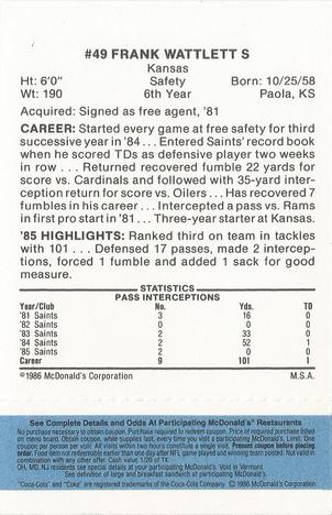 1986 McDonald's New Orleans Saints - Full Game Pieces - Week 1 Blue Tab #NNO Frank Wattelett Back