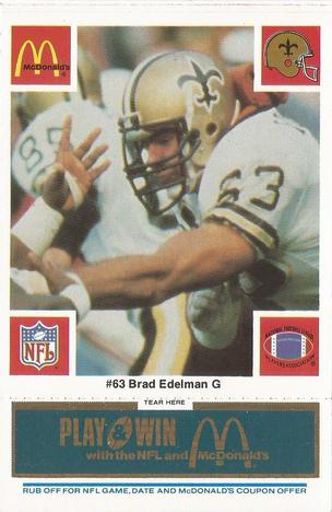 1986 McDonald's New Orleans Saints - Full Game Pieces - Week 1 Blue Tab #NNO Brad Edelman Front