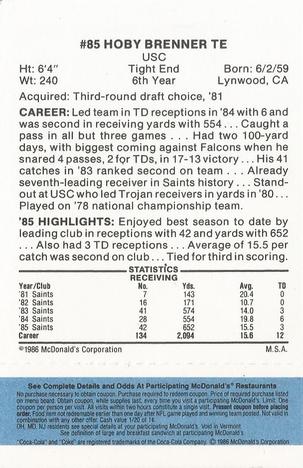 1986 McDonald's New Orleans Saints - Full Game Pieces - Week 1 Blue Tab #NNO Hoby Brenner Back