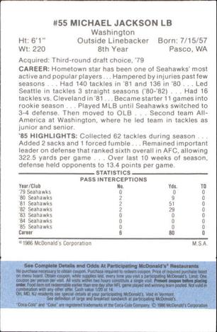 1986 McDonald's Seattle Seahawks - Full Game Pieces - Week 1 Blue Tab #NNO Michael Jackson Back