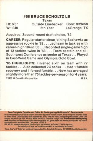 1986 McDonald's Seattle Seahawks - Full Game Pieces - Week 3 Gold/Orange Tab #NNO Bruce Scholtz Back