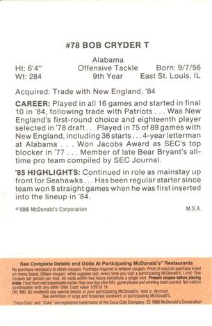 1986 McDonald's Seattle Seahawks - Full Game Pieces - Week 3 Gold/Orange Tab #NNO Bob Cryder Back