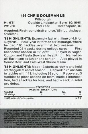 1986 McDonald's Minnesota Vikings - Full Game Pieces - Week 2 Black/Gray Tab #NNO Chris Doleman Back