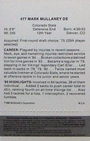 1986 McDonald's Minnesota Vikings - Full Game Pieces - Week 2 Black/Gray Tab #NNO Mark Mullaney Back