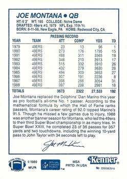 1989 Kenner Starting Lineup Cards #3992997010 Joe Montana Back