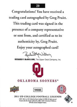 2011 Upper Deck College Football Legends - Autographs #20 Greg Pruitt Back