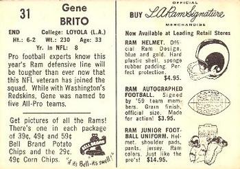 1959 Bell Brand Los Angeles Rams #31 Gene Brito Back