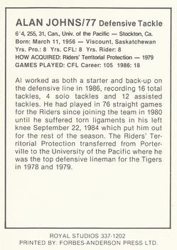 1987 Saskatchewan Roughriders #NNO Alan Johns Back