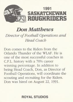 1991 Saskatchewan Roughriders #NNO Don Matthews Back