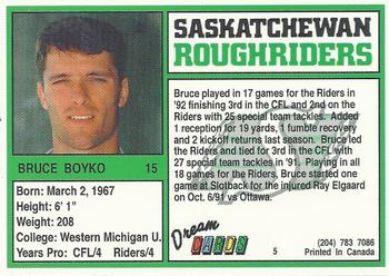 1993 Dream Cards Saskatchewan Roughriders #5 Bruce Boyko  Back