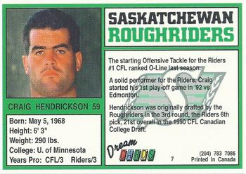 1993 Dream Cards Saskatchewan Roughriders #7 Craig Hendrickson  Back