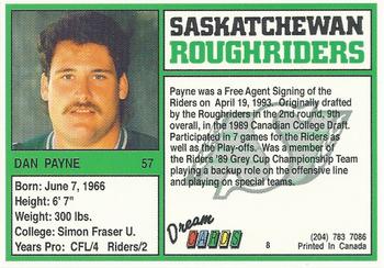 1993 Dream Cards Saskatchewan Roughriders #8 Dan Payne  Back