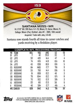 2012 Topps #153 Santana Moss Back