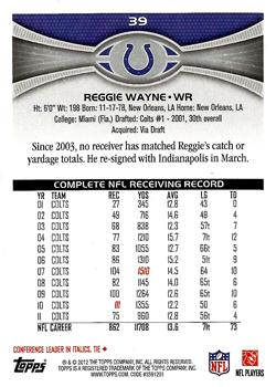 2012 Topps #39 Reggie Wayne Back
