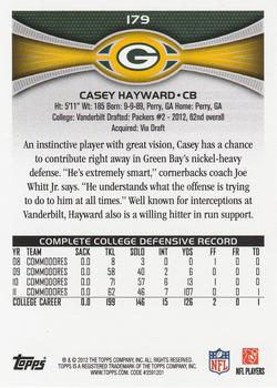 2012 Topps #179 Casey Hayward Back