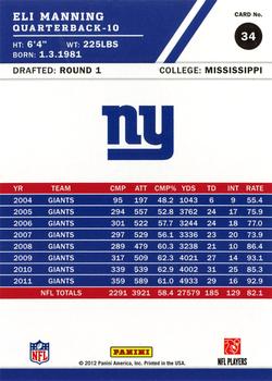 2012 Score - Scorecard #34 Eli Manning Back