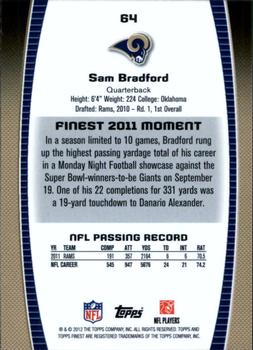 2012 Finest #64 Sam Bradford Back