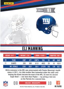2012 Panini Rookies & Stars #93 Eli Manning Back