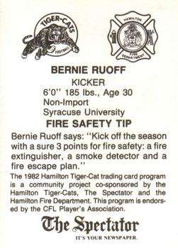 1982 Hamilton Tiger-Cats Safety #NNO Bernie Ruoff Back