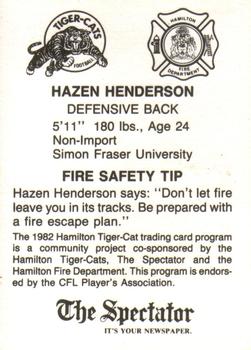 1982 Hamilton Tiger-Cats Safety #NNO Hazen Henderson Back