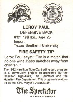 1982 Hamilton Tiger-Cats Safety #NNO Leroy Paul Back