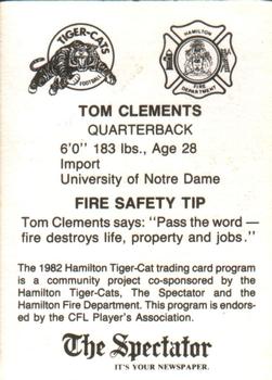 1982 Hamilton Tiger-Cats Safety #NNO Tom Clements Back