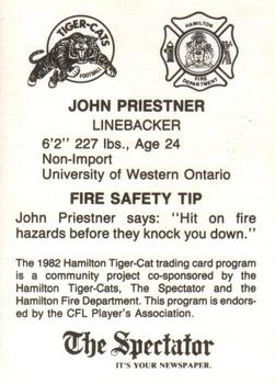 1982 Hamilton Tiger-Cats Safety #NNO John Priestner Back