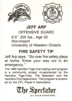 1982 Hamilton Tiger-Cats Safety #NNO Jeff Arp Back