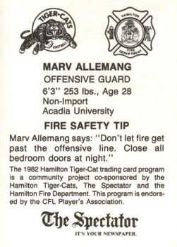 1982 Hamilton Tiger-Cats Safety #NNO Marv Allemang Back