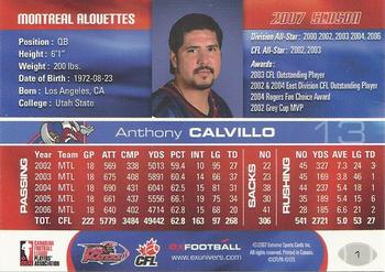 2007 Extreme Sports CFL #1 Anthony Calvillo Back