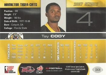 2007 Extreme Sports CFL #33 Tay Cody Back