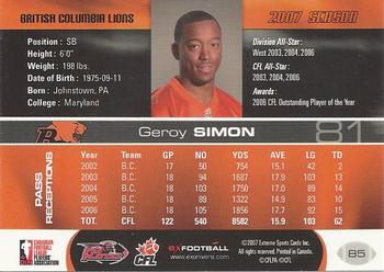 2007 Extreme Sports CFL #85 Geroy Simon Back