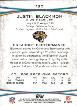 2012 Bowman - Green #130 Justin Blackmon Back