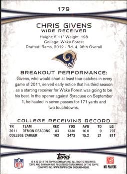 2012 Bowman - Silver #179 Chris Givens Back