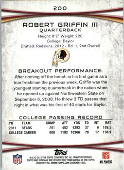2012 Bowman - Silver #200 Robert Griffin III Back