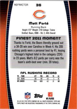 2012 Finest - Prism Refractors #36 Matt Forte Back
