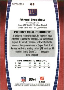 2012 Finest - Prism Refractors #68 Ahmad Bradshaw Back
