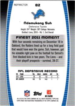 2012 Finest - Prism Refractors #82 Ndamukong Suh Back