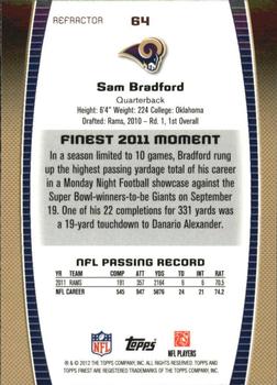 2012 Finest - Refractors #64 Sam Bradford Back