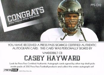 2012 Press Pass - Autographs Bronze #PPS-CH2 Casey Hayward Back