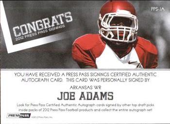 2012 Press Pass - Autographs Bronze #PPS-JA Joe Adams Back